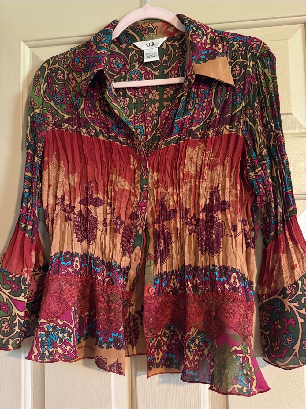 Multicolor Pleated Button-Front Boho Blouse - Red/Tan/Olive